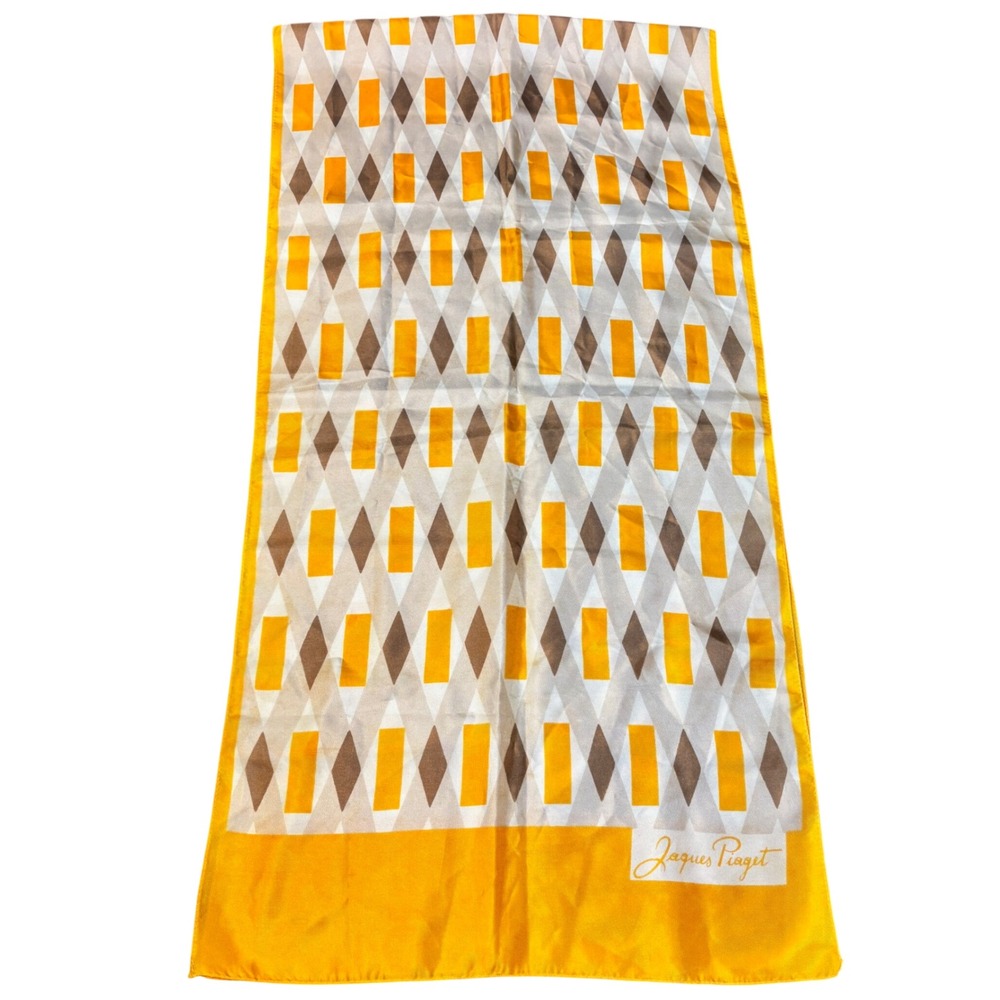 Jacques Piaget Scarf 100% Acetate Geometric‎ Print Yellow Brown White Made Italy